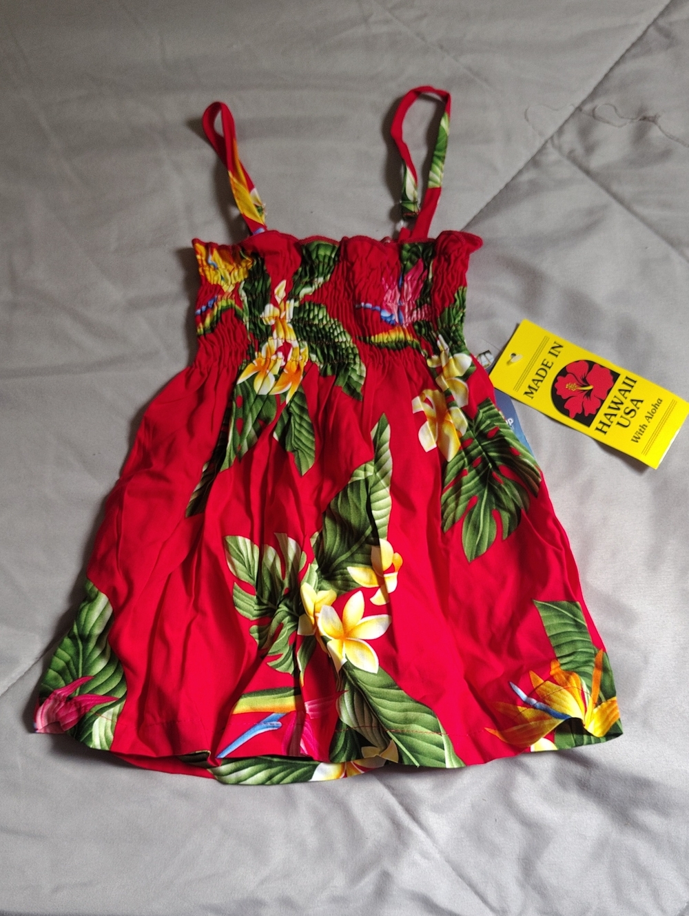 Made in Hawaii Red Floral Kids Sundress with Smocked Bodice